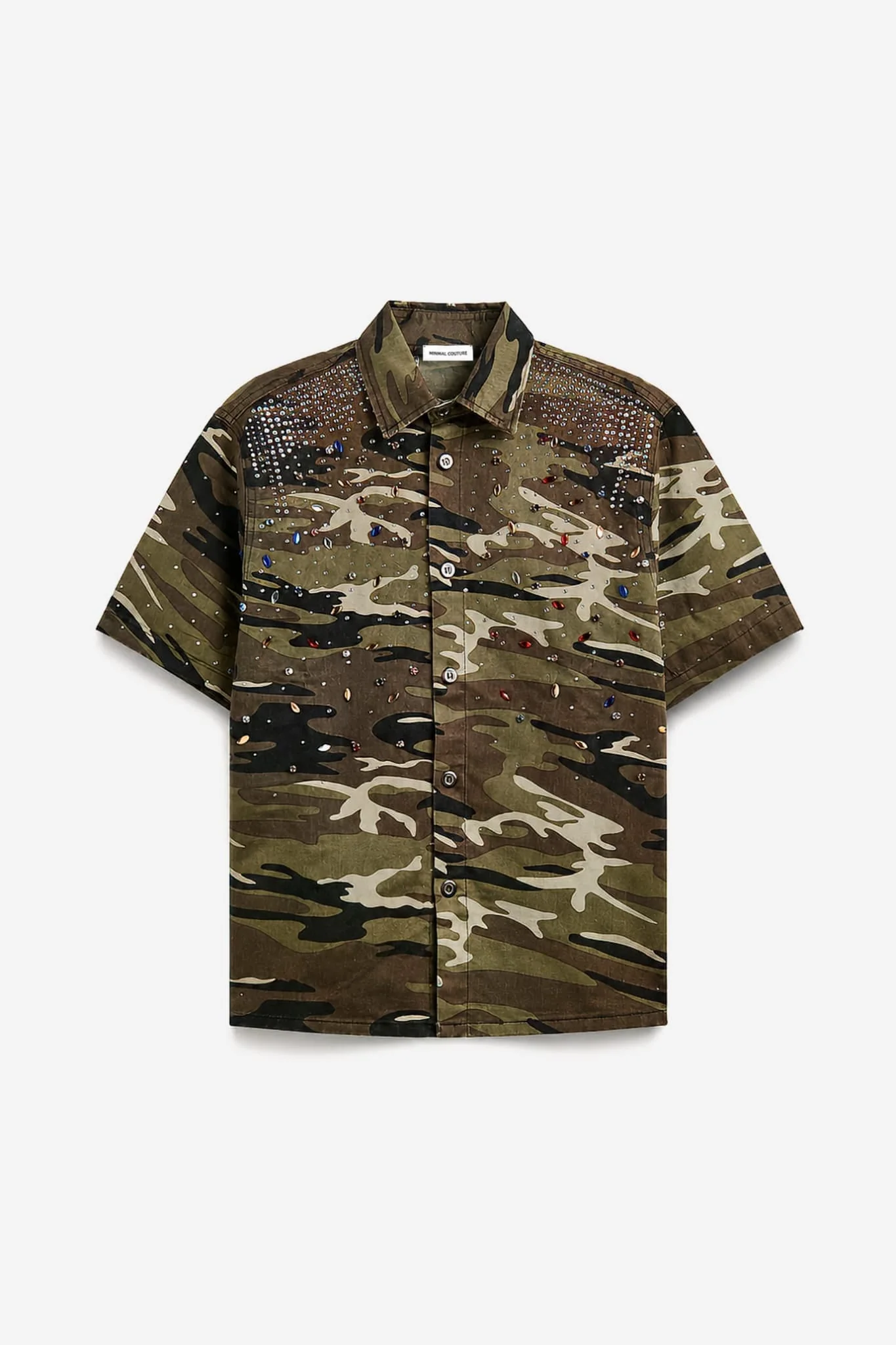 Camisa oversize camouflage con cristales